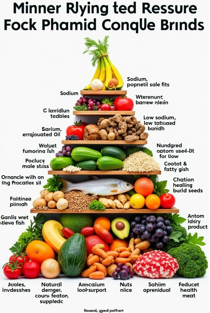 Food Pyramid for Blood Pressure Control in Portuguese Base of the Pyramid: Foods Rich in Potassium and Magnesium Fruits: bananas, Oranges, melancias, avocados.
veggies: spinach, broccoli, Sweet potato, carrot.
legumes: bean, lentils, chickpea.
second level: Low Sodium and Saturated Fat Foods Whole Grains: aveia, Integral rice, Quinoa, barley.
Nuts and Seeds: almonds, Nuts, sementes de chia, pumpkin seeds.
Lean Proteins: chicken breast, AngelT (especially salmon and tuna rich in omega-3).
third level: Foods that Help Cardiovascular Health Fatty Fish: salmon, sardine, mackerel (rich in omega-3 fatty acids).
healthy oils: olive oil, avocado oil.
Natural Herbs and Spices: garlic, onion, saffran, gingantic (help reduce sodium in the diet and have anti-inflammatory properties).
Top of the Pyramid: Foods to Eat in Moderation Low-Fat Dairy: Skimmed yogurt, skimmed milk.
Processed Meats: bacon, sausages (due to the high sodium and saturated fat content).
Sweets and Sugary Drinks: Consume in moderation to avoid weight gain and additional complications..