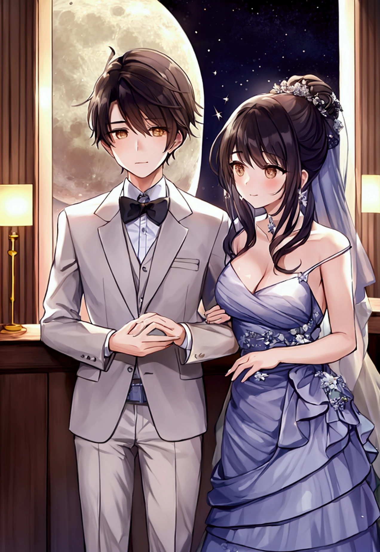 A beautiful moon in the background,a thousand stars at his side,below a young couple