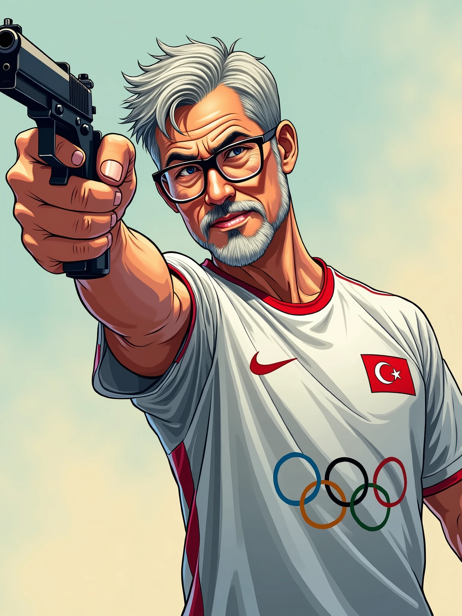“Vector t-shirt design in manga style featuring a middle-aged man, approximately 50 years old, with gray hair, in a target shooting pose. He is wielding an ‘Air Pistol 10 meters’ in his right hand, extending his arm with focus and precision. The man is wearing a white jersey with a casual design, featuring the Olympic Games logo and a Turkey flag. He is also wearing prescription glasses. The image captures him in a mid-shot, emphasizing his determined expression and posture. The design should be in an anime art style, with enhanced details to bring out the intricacies of his pose, attire, and the overall scene, creating a dynamic and visually engaging t-shirt design.”