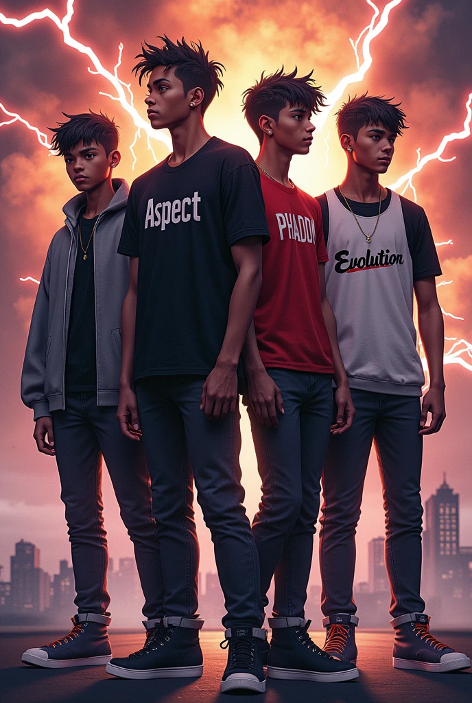 A squad of teen boys,all chocolate skin, all wearing black skin jeans,one boy with a black t-shirt written ASPECT on it ,one boy in a grey hoodie written PHANTOM on it ,one boy with a red t-shirt written SHADOW,one boy with a white vest written EVOLUTION on it,all boys with different short hair styles ,an exploding back ground with lightening
