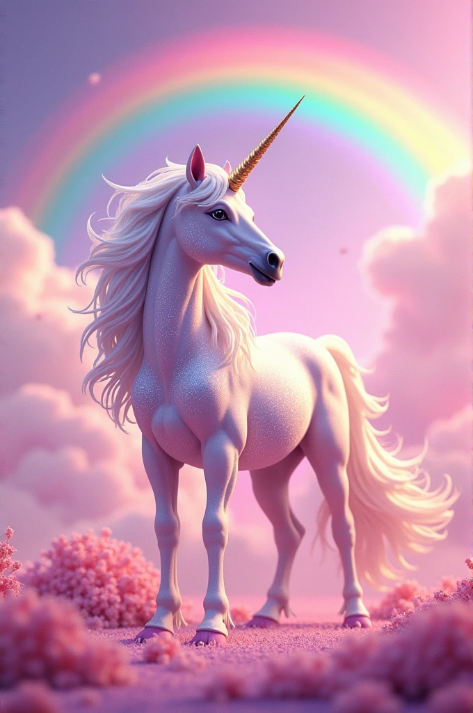 Colorful unicorn in the pink sky with a rainbow