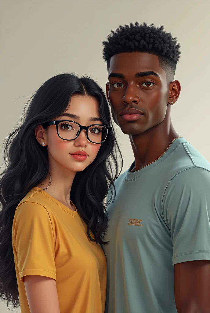 Photorealism of a short white girl with long black hair and glasses wearing a t-shirt with a lettering, and a tall dark-skinned boy, strong, brown eyes with a t-shirt of a m 
