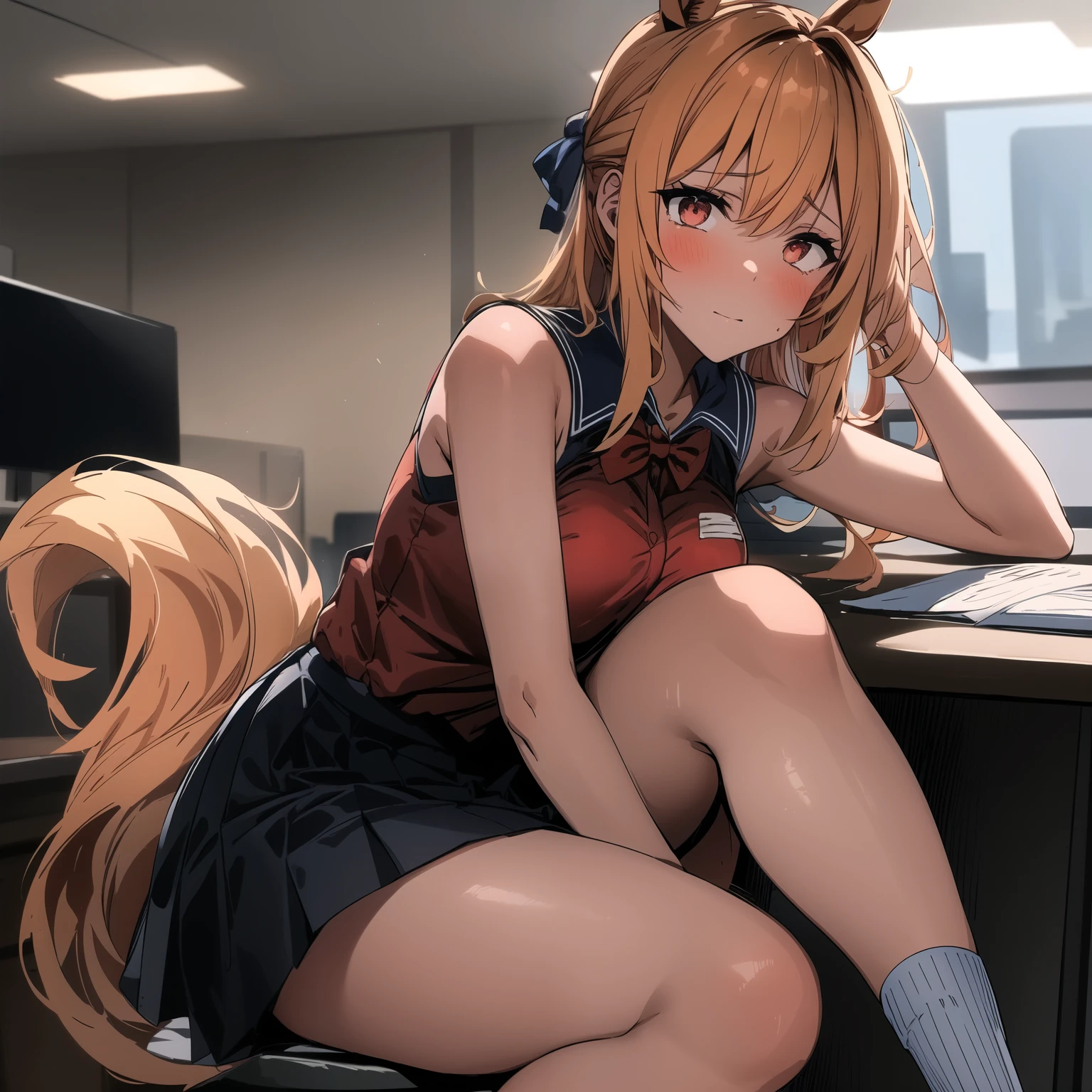 masterpiece, Best Quality, High resolution, 1 girl, Horse tail, hair bow, uniform, Red shirt, needles, black skirt, white thighs, (sleeveless:1.1), Session, Office