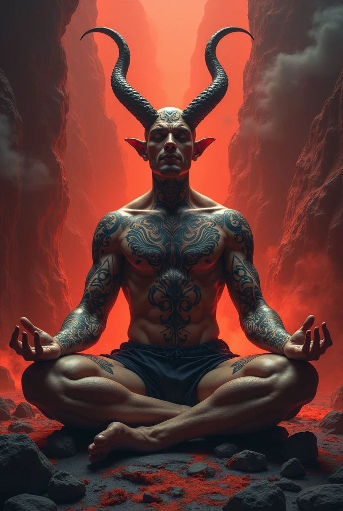 A male demon with small horns , horns meditating , on his body he has tattooed esoteric symbols,0 in a hellish scenario 