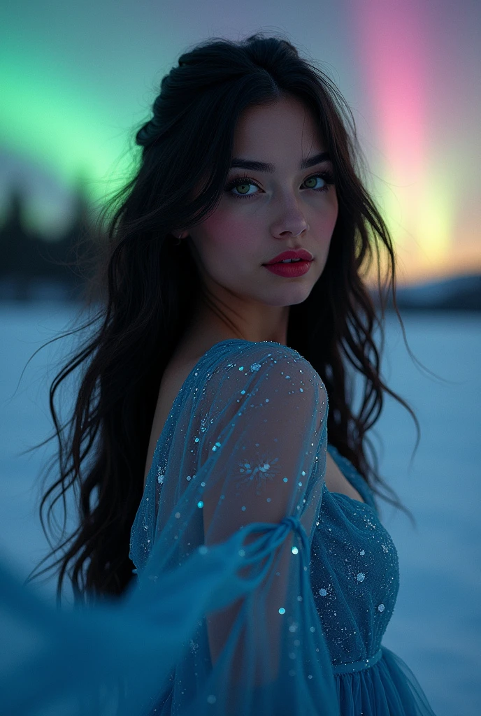  a brunette, with chocolate-colored skin, with green eyes, 精致的面容, fleshy and red mouth, long, wavy black hair, with a long blue dress that looks like the starry sky, that looks perfect on your curvy body. With the Northern Lights in the background in warm colors

