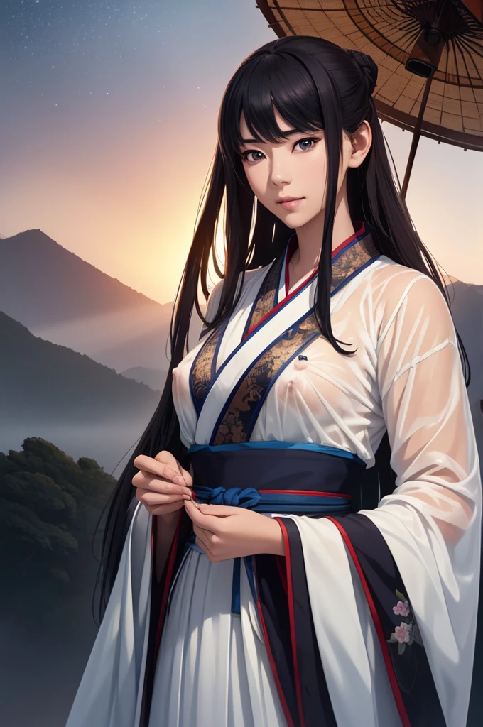 Starry sky and fog cover the landscape.Rich historical background. (Highest quality,4K,8k,High resolution,masterpiece:1.2), Very detailed, (Realistic,Realistic,Photorealistic:1.37), High resolution, Hyper HD, Studio Lighting, Ultra-fine painting, Sharp focus, Physically Based Rendering, Very detailed説明, Professional, Vibrant colors, Bokeh, Sports Late, Ancient War Landscapes, Traditional Chinese Painting Techniques, Atmospheric lighting, Vivid color contrast, Visually stunning composition, Ethereal atmosphere,Very detailed目と顔, Beautiful attention to detail, Light on the face, (Hanfu: 1.1),My clothes are wet and transparent in the rain、Nipples are visible