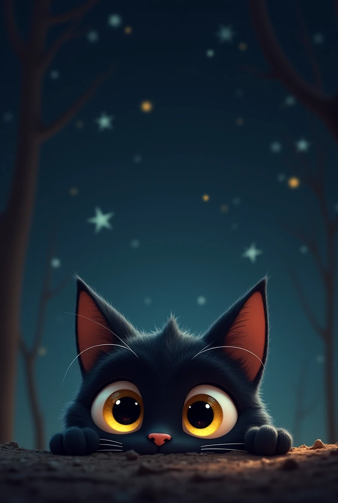 A cute animated black cat peeking out with only its big yellow eyes with dilated pupils visible, and behind there is a dark background with stars as if it were the sky, You can only see half of his face peeking out from the bottom of the image, close to the camera. 