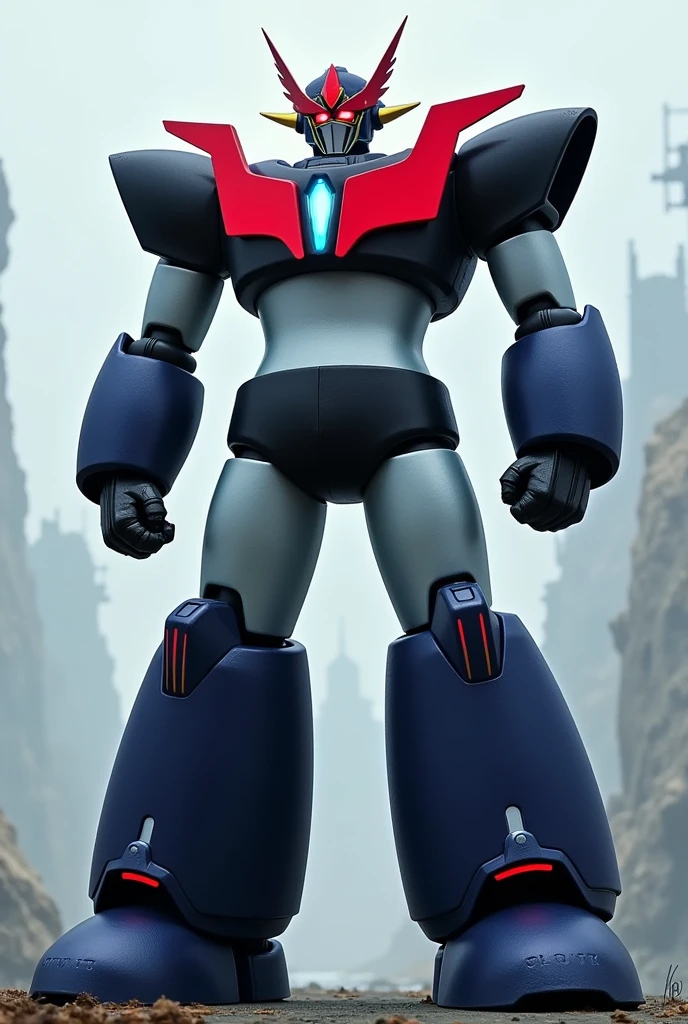 Generate an image of Mazinger Zero:
Pose: Dominant and imposing stance. Standing tall with a confident posture. One leg slightly forward, arms held out or at the sides.
Head: Sleek helmet with a streamlined, angular design. Sharp, glowing red eyes. Antennae or horns extending from the sides or top. Visor with a soft blue or white glow.
Torso: Powerful and armored torso with a streamlined design. Central chest emblem or core that glows with a bright, intense light (could be white, blue, or another striking color). Smooth metallic finish with hints of silver, dark blue, or black.
Arms and Hands: Strong and muscular arms with a smooth, high-tech appearance. Hands ending in sharp claws or high-tech gauntlets. Integrated weaponry or energy cannons in the forearms or shoulders.
Legs: Robust, futuristic legs with a sleek, armored look. Large, solid feet with thrusters or boosters for enhanced movement. Armor should appear both protective and agile.
Armor and Additional Details: Smooth, sleek armor with minimal visible joints or segments. High-tech look with integrated energy circuits or patterns. Light accents or glowing lines in a contrasting color to highlight the advanced technology.
Weapons and Equipment: Advanced weaponry such as energy swords, plasma cannons, or missile launchers integrated into the arms, shoulders, or chest. Deployable shields or energy barriers.
Overall Look: Convey a sense of cutting-edge technology, strength, and futuristic design.