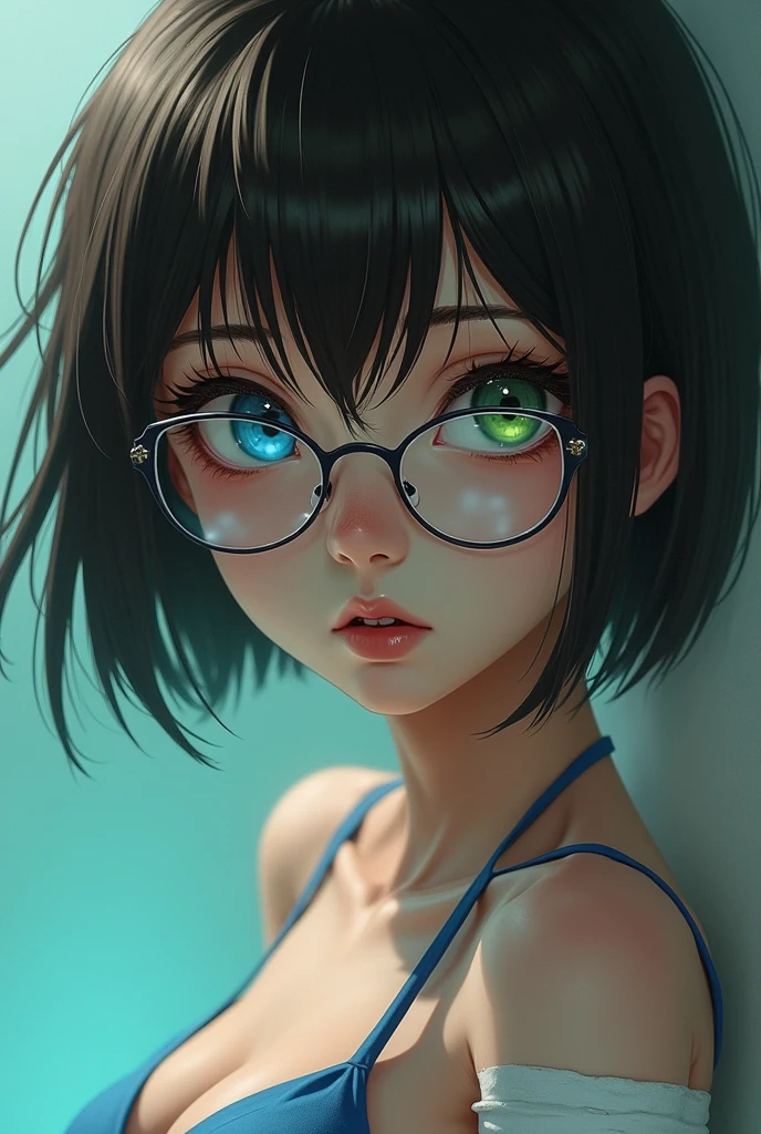 (forgery-v3.0)Girl with short brown hair with bangs,   bikini one blue eye and the other green, full body with white bandages on arms and thin round glasses
