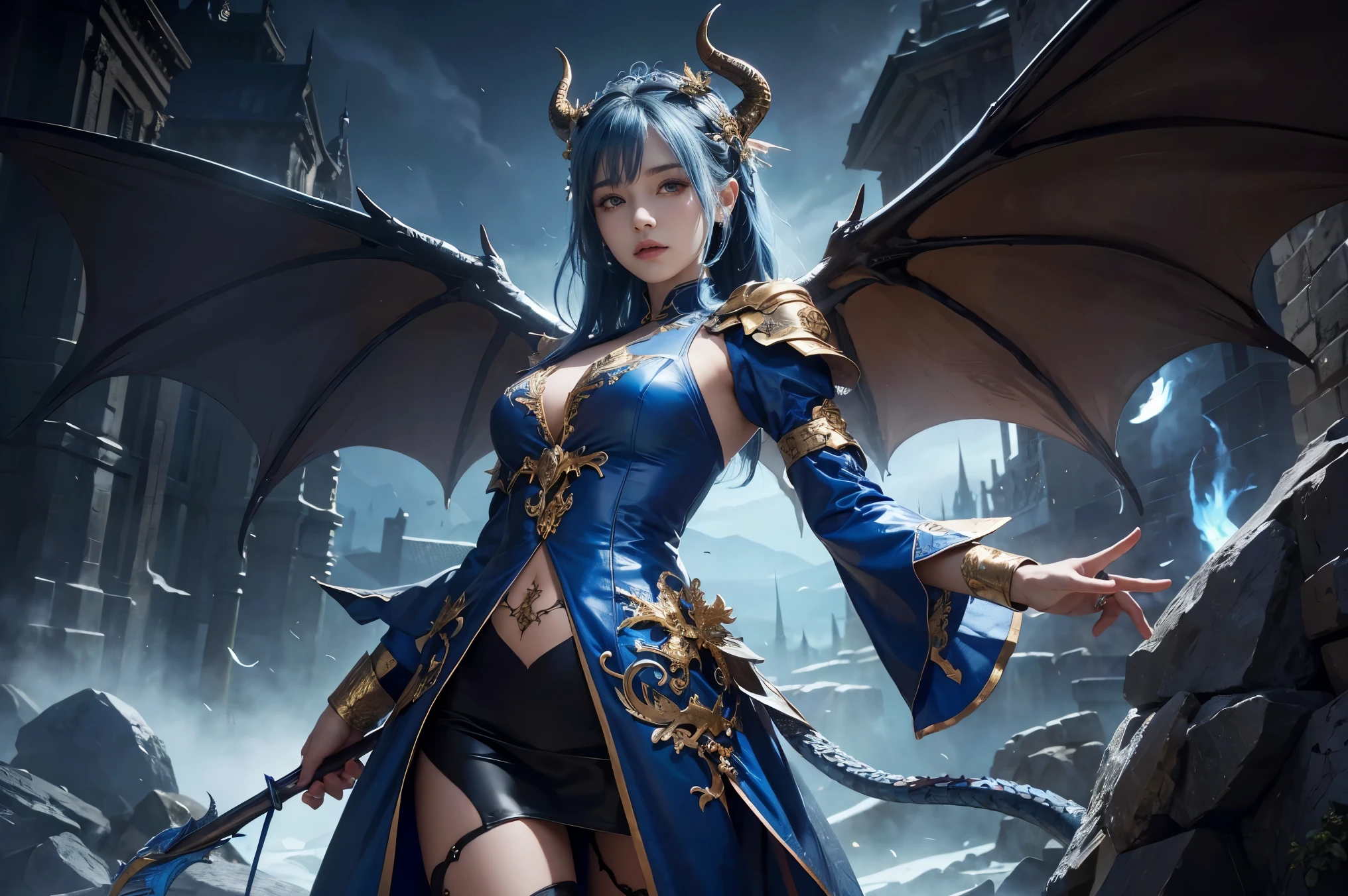 ( Absurdly , high quality , Very detailed,View Photographer)、(Blue Hair)、Queen of the Blue Dragon、Beautifully detailed dragon patterned dress and armor、Dragon-inspired costume、(((Dragon horns and wings)))、Gloves、Tattoo、((Dragon scale pantyhose))、Queen of Dragons、(masterpiece, 最high quality, 最high quality, Official Art, Beauty and aesthetics: 1.2), (One person: 1.3)、Combat pose、Fantastic nature background