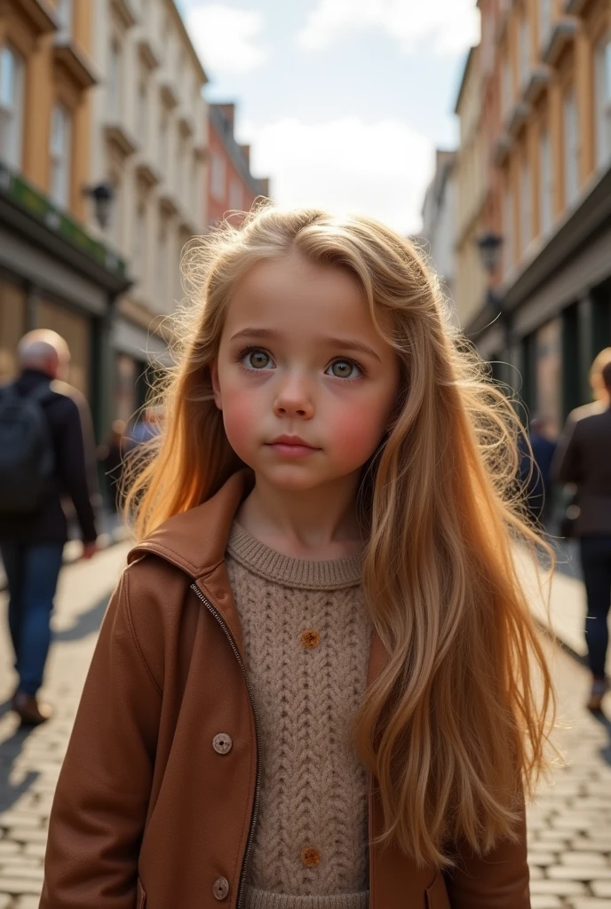 Blonde girl 8 year long hair harzel eyes with your brunette dad Brown eyes and mom Green eyes long blonde hair in London street 8k ultra realistic image