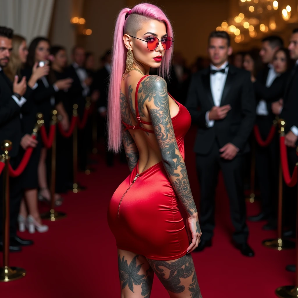(masterpiece), (top quality), (realistic photo), 8k high definition perfect lighting best photography award, (body entero), 8k quality young caucasian woman 35 years old, White skin, ((pale)), ((lovely)), body perfecto, (perfect average anatomy), body ((mesomorfo)), perfectly proportioned, hourglass figure, body, (medium robust), big breasts, (38c), natural fall, thighs (thick firm), perfect face, Perfect eyes, very detailed, (intricate details), (big violet eyes), Long hair Buzz cut on one side inspired by Mohawk (long straight) pink hair color extremely tattooed woman, (tattooed arms), (tattooed legs), (body tatuado), extremely sensual woman, (captivating), wears glasses and gold jewelry, lleva un vestido short, (short), fitted, (bright red satin), bare back, deep neckline, ((extremely sensual)), ((sandals with long straps)), several shots, at gala event, ((Red carpet))