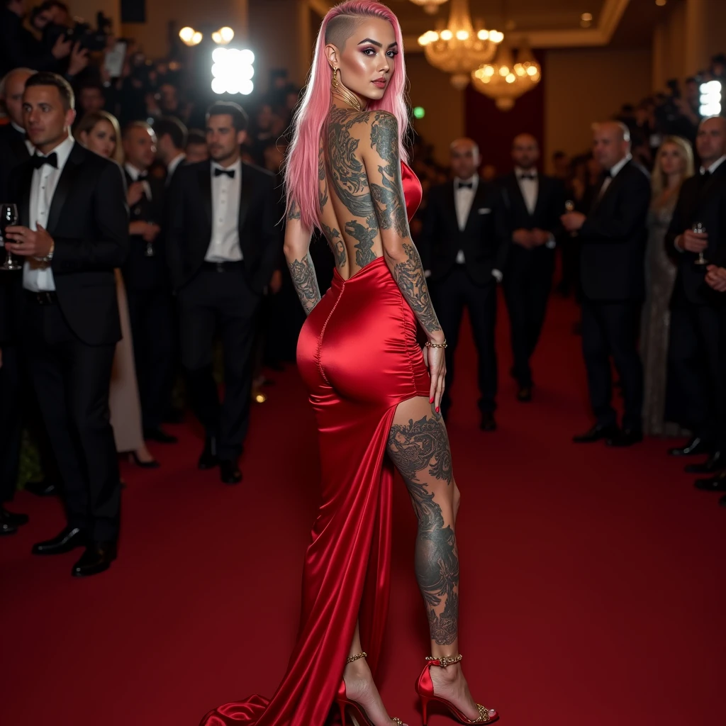 (masterpiece), (top quality), (realistic photo), 8k high definition perfect lighting best photography award, (body entero), 8k quality young caucasian woman 35 years old, White skin, ((pale)), ((lovely)), body perfecto, (perfect average anatomy), body ((mesomorfo)), perfectly proportioned, hourglass figure, body, (medium robust), big breasts, (38c), natural fall, thighs (thick firm), perfect face, Perfect eyes, very detailed, (intricate details), (big violet eyes), Long hair Buzz cut on one side inspired by Mohawk (long straight) pink hair color extremely tattooed woman, (tattooed arms), (tattooed legs), (body tatuado), extremely sensual woman, (captivating), wears glasses and gold jewelry, lleva un vestido short, (short), fitted, (bright red satin), bare back, deep neckline, ((extremely sensual)), ((sandals with long straps)), several shots, at gala event, ((Red carpet))