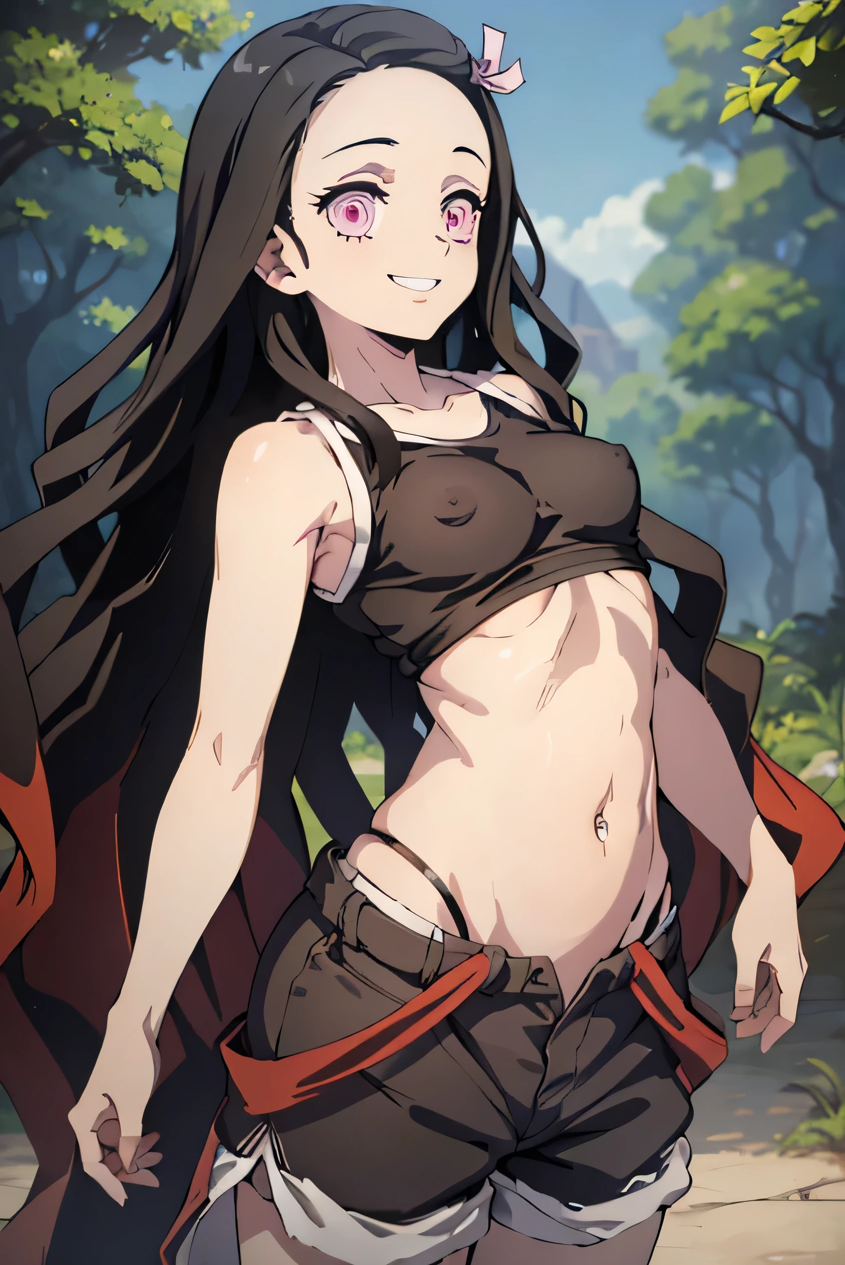 (masterpiece:1.3), (Highest quality:1.1), (8k, Super detailed, 超High resolution:1.2), ((Anime Style)), Five fingers, perfect in every detail, Perfect Anatomy, One person,kamado nezuko, Cut long hair, Wavy Hair, Forehead Black Hair,
Pink Eyes, ribbon, Small breasts, smile, Dynamic pose, View your viewers, Cowboy Shot, High resolution,Bright Eyes,(long black eyelashes:1.5),Toned body,Flat stomach,Fit,Tight tank top,Low rise running shorts,Erect nipples,The background is a public park,Belly button piercing,Wide Hips,Curvaceous,smile,Expressive,