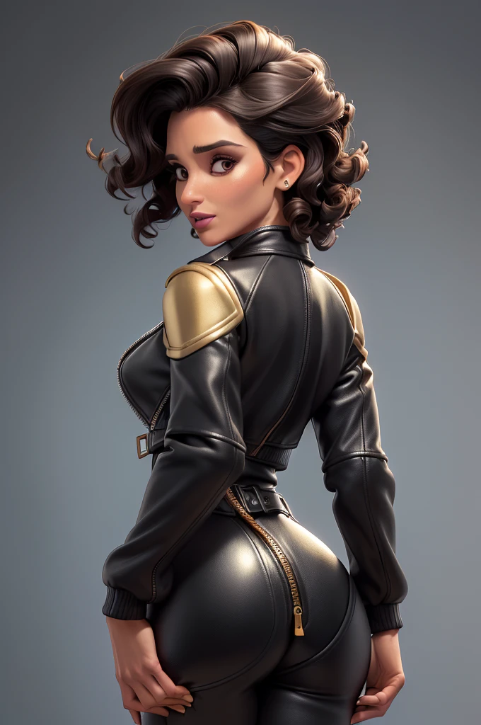 obra prima, melhor qualidade, ((only one woman,)) ((andie macdowell, dark tan skin, short black curly hair, heavy makeup eye shadow, mouth open,)) (((wearing thigh length black leather jacket,))) (((jacket is zipped up, jacket covers waist and ass,))) ((jacket has stiff high collar,)) ((gold pvc gloves,)) body is very skinny, standing up, (((arched back, shoulders leaning way back, head tilted way back, chin up,))) ((camera back view, extreme closeup view of upper body,)) shallow depth of field, highres, HD, 8k, anatomically correct