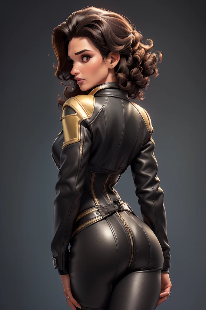 obra prima, melhor qualidade, ((only one woman,)) ((andie macdowell, dark tan skin, short black curly hair, heavy makeup eye shadow, mouth open,)) (((wearing thigh length black leather jacket,))) (((jacket is zipped up, jacket covers waist and ass,))) ((jacket has stiff high collar,)) ((gold pvc gloves,)) body is very skinny, standing up, (((arched back, shoulders leaning way back, head tilted way back, chin up,))) ((camera back view, extreme closeup view of upper body,)) shallow depth of field, highres, HD, 8k, anatomically correct