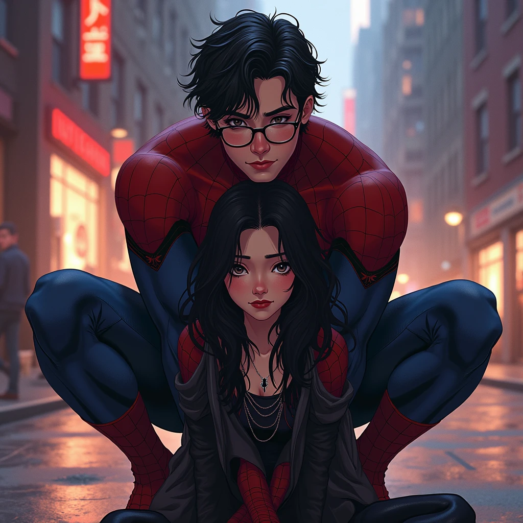 marvel art style, a 20-year-old male with dark fadeout hair and glasses, wearing spider superhero outfit, he has a big bulge , he's crouching down behind a sad female wearing gothic look. he's behind her. huggin. He's squatting down behind her