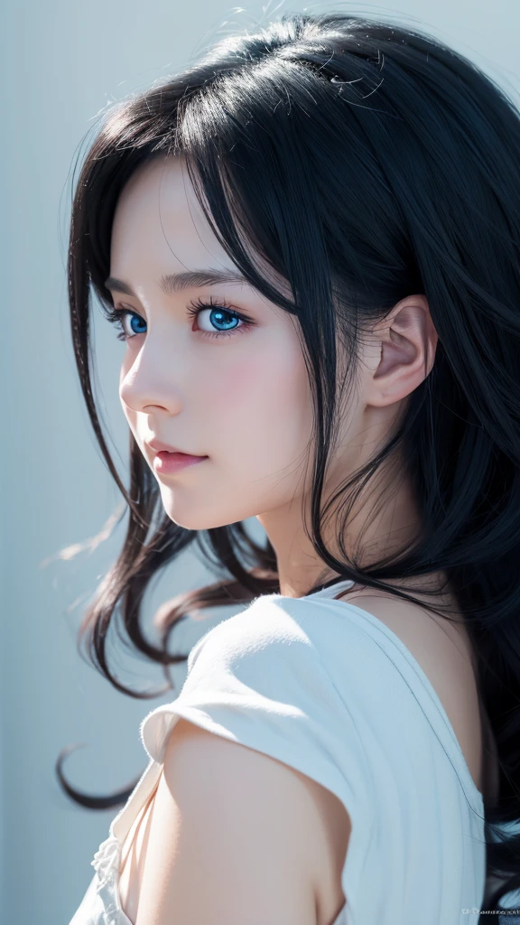 Black Hair, anime, Ghibli, anime style, close, From the side, First Person View, 8k, Super Detail, masterpiece,Super Detail, high quality, High resolution, Attention to detail, White Background, Facial details, happiness, Curly Hair, blue eyes