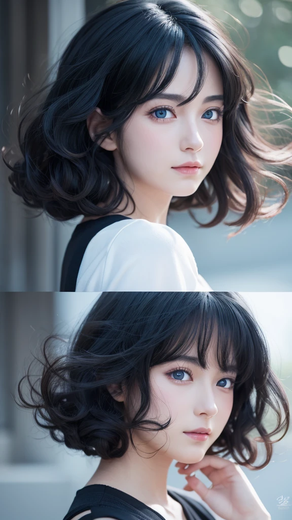 Black Hair, anime, Ghibli, anime style, close, From the side, First Person View, 8k, Super Detail, masterpiece,Super Detail, high quality, High resolution, Attention to detail, White Background, Facial details, happiness, Curly Hair, blue eyes