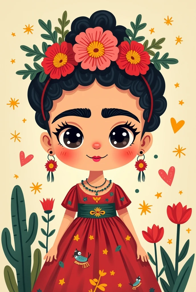 Cute Kawaii style caricature of Frida Khalo as an adult, drawing for toddlers