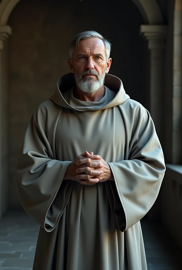 Create a monk of the roman Catholic Church, in a "light" gray robe attire. #Medieval #NoCross #Film