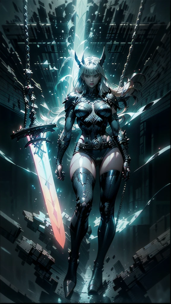 (full body portrait), Magik of X-men, Illyana Rasputin with long white hair, piercing blue eyes, wearing a low cut unitard with high cut legs, tight thigh high boots, holding a glowing magical sword, (side view), (huge overhead swing of sword:1.37), in a mystical realm with swirling energy, (best quality,8k,highres,masterpiece:1.2),ultra-detailed,concept art,dark fantasy,digital painting,dramatic lighting,cinematic,intricate details,ethereal,otherworldly atmosphere