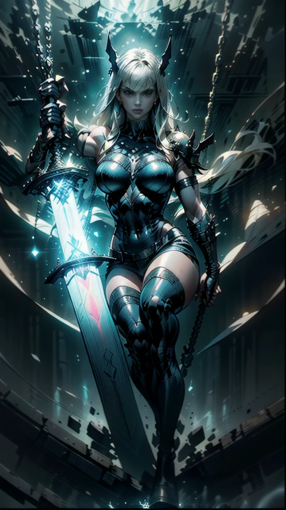 (full body portrait), Magik of X-men, Illyana Rasputin with long white hair, piercing blue eyes, wearing a low cut unitard with high cut legs, tight thigh high boots, holding a glowing magical sword, (side view), (huge overhead swing of sword:1.37), in a mystical realm with swirling energy, (best quality,8k,highres,masterpiece:1.2),ultra-detailed,concept art,dark fantasy,digital painting,dramatic lighting,cinematic,intricate details,ethereal,otherworldly atmosphere