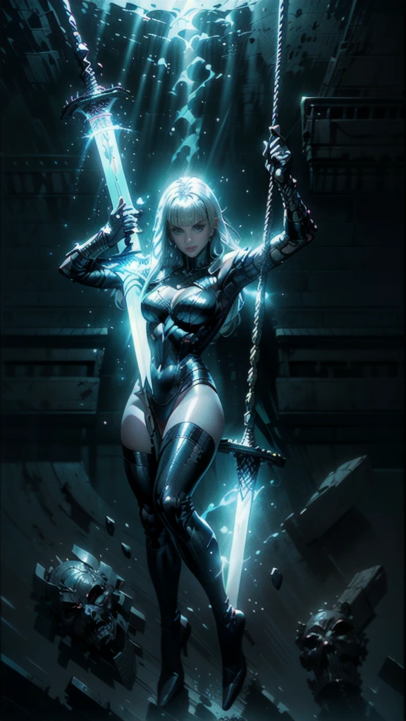 (full body portrait), Magik of X-men, Illyana Rasputin with long white hair, piercing blue eyes, wearing a low cut unitard with high cut legs, tight thigh high boots, holding a glowing magical sword, (side view), (huge overhead swing of sword:1.37), in a mystical realm with swirling energy, (best quality,8k,highres,masterpiece:1.2),ultra-detailed,concept art,dark fantasy,digital painting,dramatic lighting,cinematic,intricate details,ethereal,otherworldly atmosphere