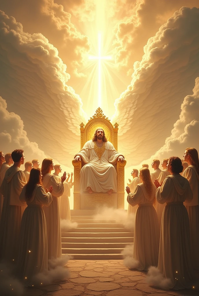 God on his glorious throne with his angels around him singing a beautiful choir 