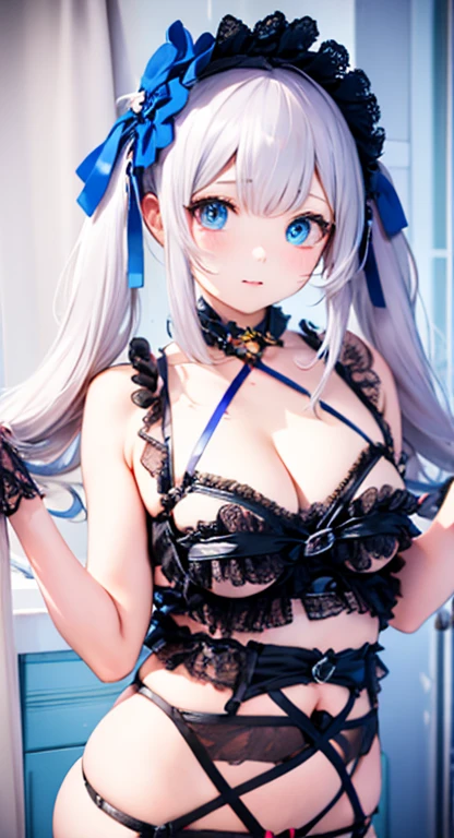 cute,Highest quality,Woman wearing lace-limited lingerie,,Large Breasts,Twin tails,bonnet,Blue Eyes,Shy face,cute瞳,Bedloo,