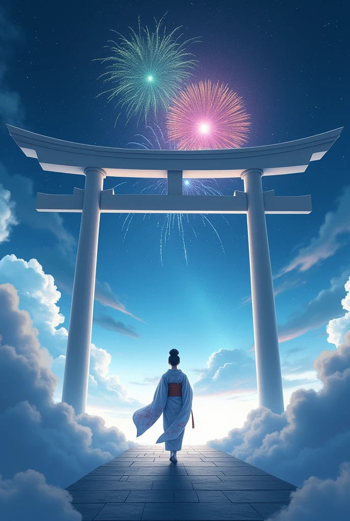 masterpiece, Highest quality, Movie stills, A video of a kimono-clad protagonist passing through a mysterious torii gate. Sea of clouds、Night Sky、The New World of Fireworks, Shoot angle from the ground, The torii gate is white, Couple