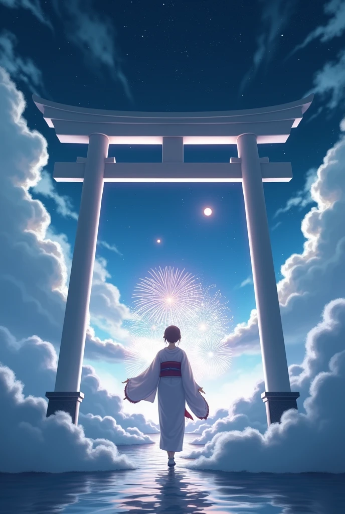 masterpiece, Highest quality, Movie stills, A video of a kimono-clad protagonist passing through a mysterious torii gate. Sea of clouds、Night Sky、The New World of Fireworks, Shoot angle from the ground, The torii gate is white, Couple