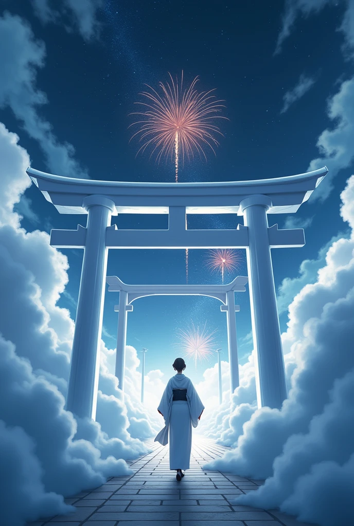 masterpiece, Highest quality, Movie stills, A video of a kimono-clad protagonist passing through a mysterious torii gate. Sea of clouds、Night Sky、The New World of Fireworks, Shoot angle from the ground, The torii gate is white, Couple