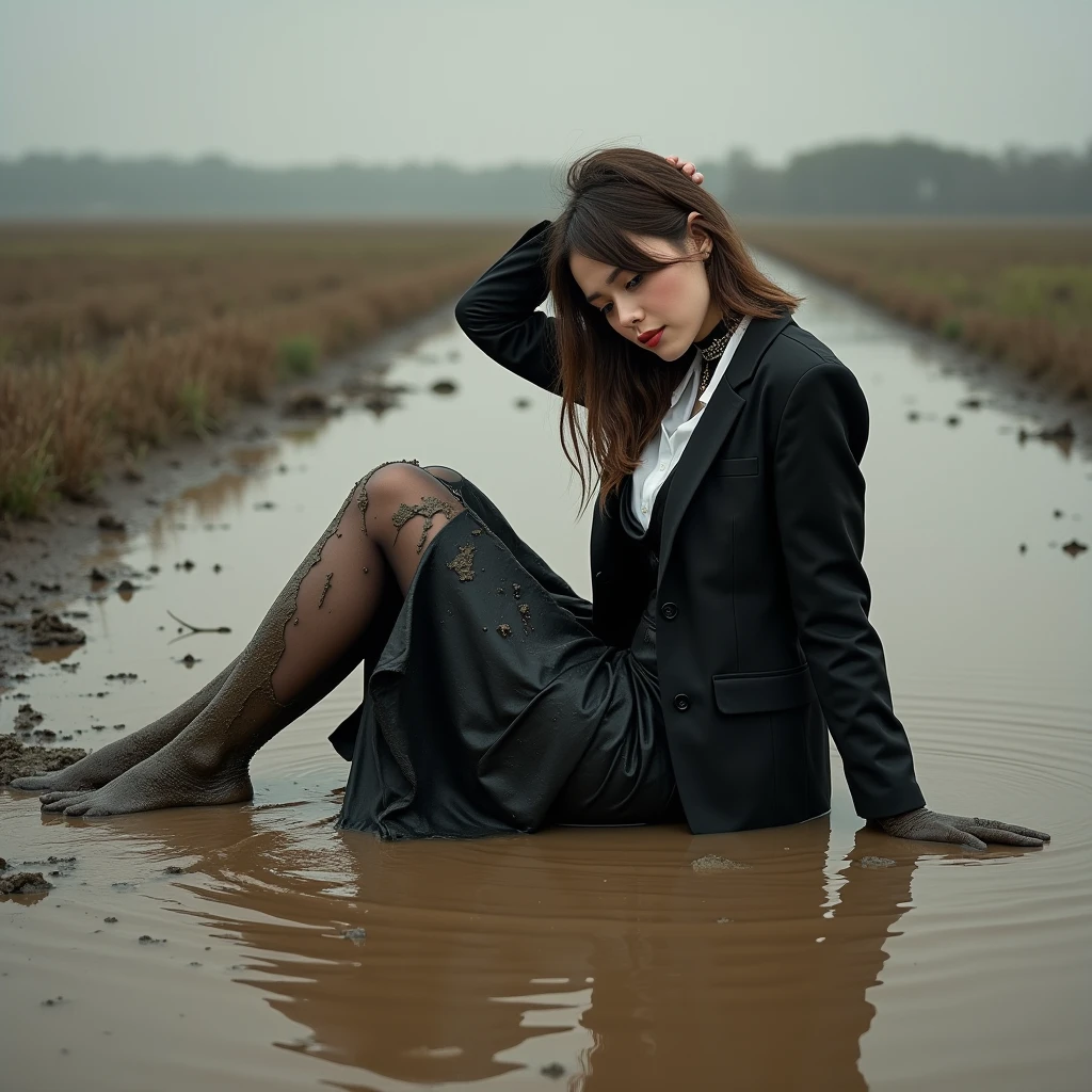 A captivating and color photo of one business goth lady, exuding a slender, model-like appearance with long hair. She is dressed in black long classic business skirt, black dirty business jacket. vest, shirt, torn stockings, black choker on the neck. She located in very muddy and very flooded field. She crawling on her knees and 2 elbows in flirtatious and provocative pose deep in the water and liquid mud ,dips her head in the liquid mud and very tears her clothes and gets stuck in mud, but fully clothed in business skirt suit, she smear a lot of liquid mud on own clothes and torn and rip it by hand. All her clothes is dirty, torn, ripped and sloppy, her skirt and jacket are very stained in a liquid mud and dirt. She look like have played in mud in a large swamp with brown liquid mud, her clothes covered with liquid mud from head to toe. The studio light brilliantly illuminates all her clothes in details, casting small shadows and emphasizing the texture of the mud, milk on her clothes. Please focus on stains of liquid mud on her clothes. View angle of the camera from top and from backs of the business lady and rotated left.