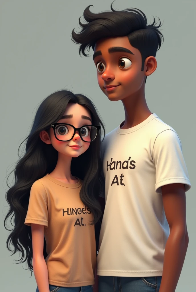 Photorealism of a short white girl with long black hair and glasses wearing a t-shirt with a lettering, and a tall Indian boy, strong, brown eyes with a t-shirt of a m