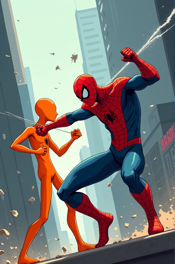 orange stickman fighting with spider-man