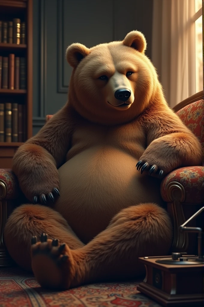Bear listening to music in a room
