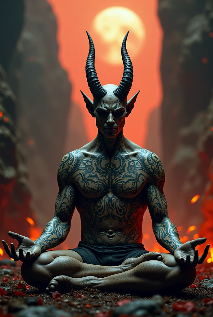 Um demonio masculino com small horns , horns meditating , on his body he has tattooed esoteric symbols,0 in a hellish scenario , small horns
