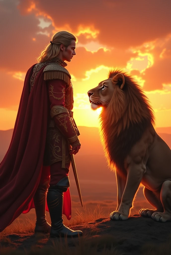 A blond soldier and a lion at sunset