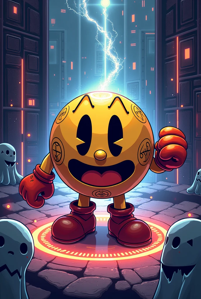 Pac-man using hand seals for a fictional work domain expansion "JUJUTSU KAİSEN",
Retro style and pixelart style