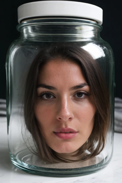 ((severed head stored inside a glass jar)), headless, sexy, beautiful woman, (realistic) (high quality)