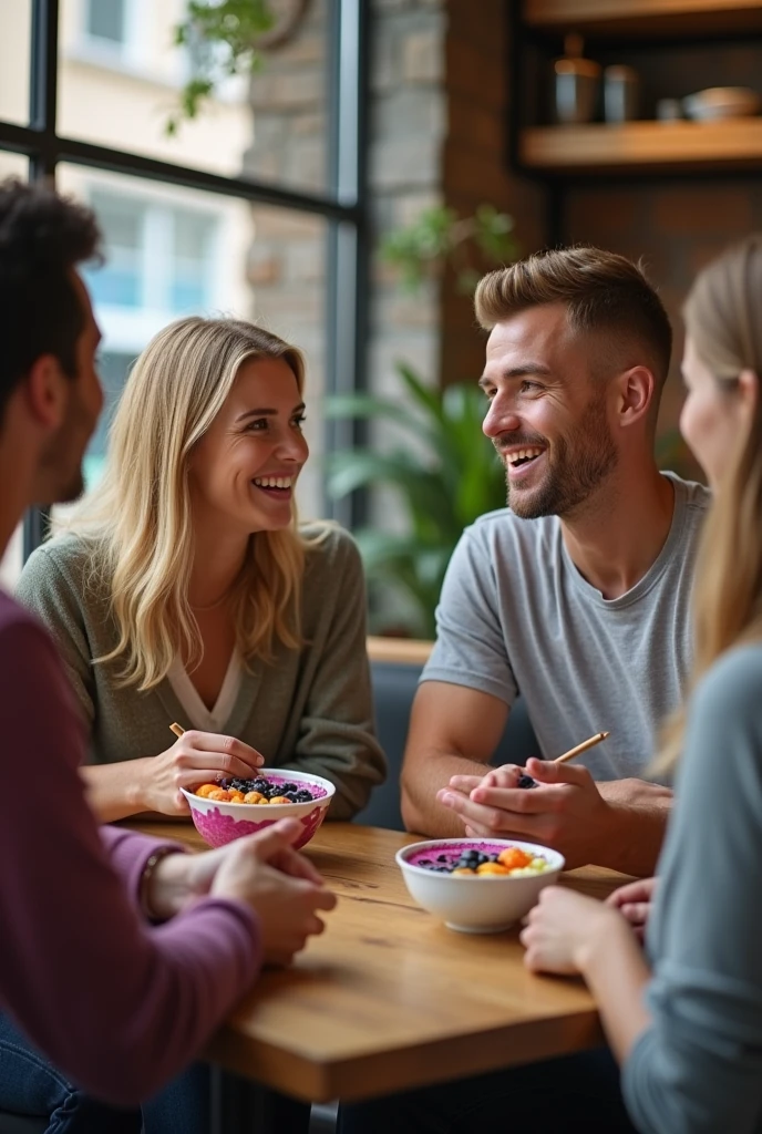 Realistic man and wife 25-35 years old, At the acai shop ,blonde hair eating acai , with friends Ultra HD, high qualiy, best qualityer, high resolution, 8k, 16K
