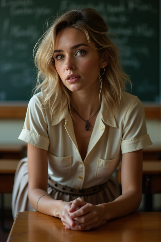  Vanessa kirby as a sexy schoolgirl lying on the desk. tight intricate school uniform. crop top. slender body. classroom. day. background blackboard. pleated skirt.