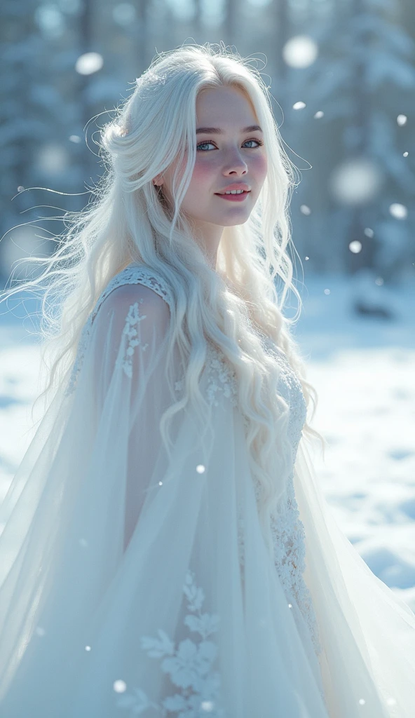 A vast snowy field, Goddess of the Eyes, high resolution, Beautiful Snow Maiden, Flower of the eye, Snow flurries are fluttering, 8k, happy smile