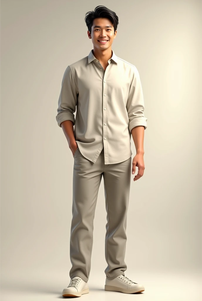 Realistic full body image of a white man in light clothing with black hair, aged 30 years old