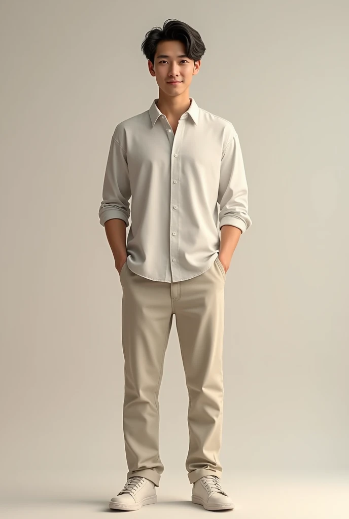 Realistic full body image of a white man in light clothing with black hair, aged 30 years old