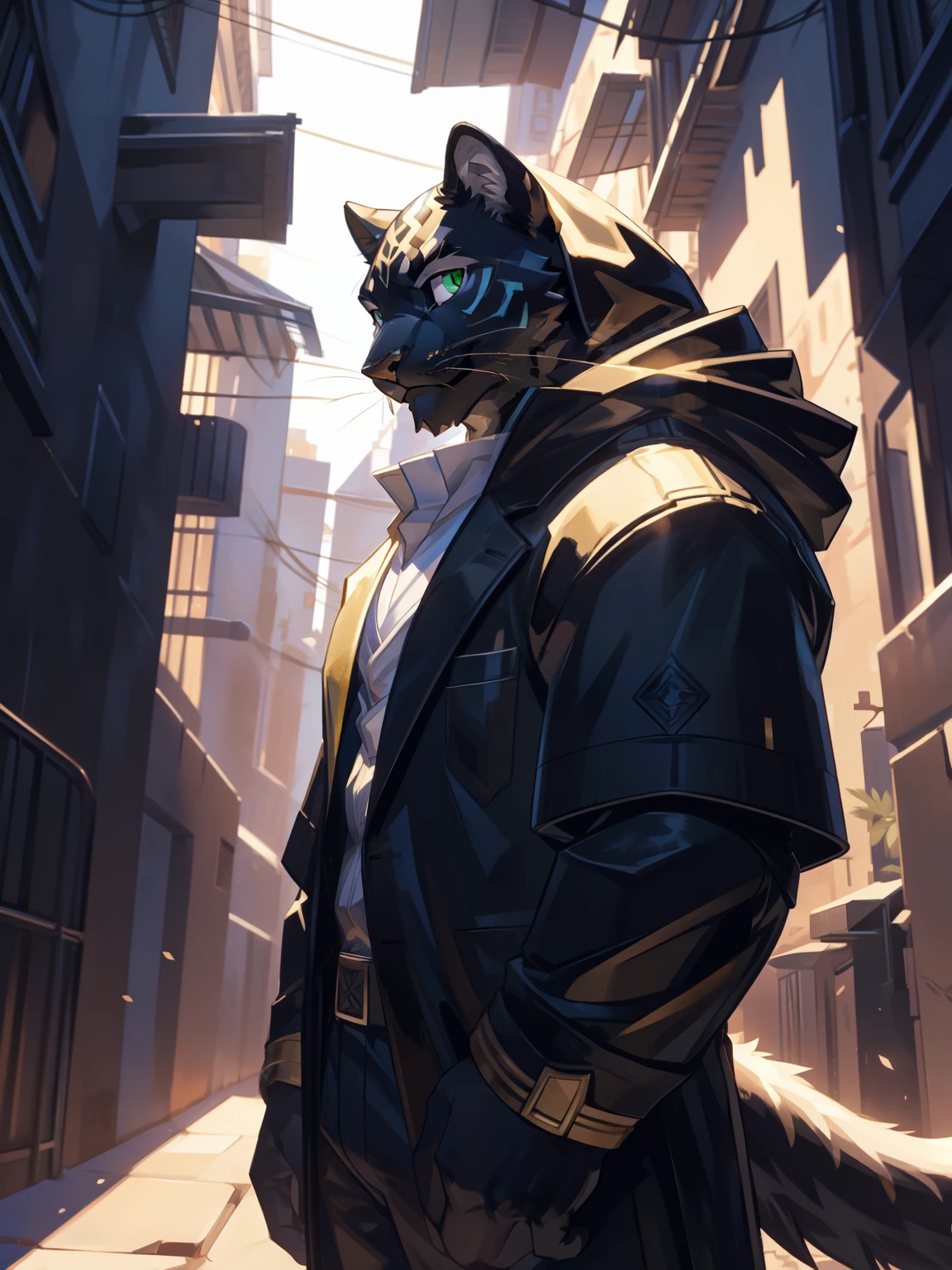 solo, anthro, furry, furry male, Black panther, ((sleek fur, furry body)), (black panther pattern), muscular body, wider shoulders, long sleek tail, bright green eyes, (black body), panther tail, standing still, arms crossed, golden clothes, rouge like apperal, hood on head, facing forward, Detailed eyes, Detailed face, Detailed character, masterpiece, HD, hideout, alley way, heavy shadows, dynamix lighting, friendly smile,