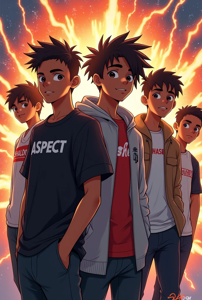 A squad of boys,all chocolate skin, all wearing black skin jeans,one boy with a black t-shirt written ASPECT on it ,one boy in a grey hoodie written PHANTOM on it ,one boy with a red t-shirt written SHADOW,one boy with a white vest written EVOLUTION on it,all boys with different short hair styles ,an exploding back ground with lightening writing ZDG