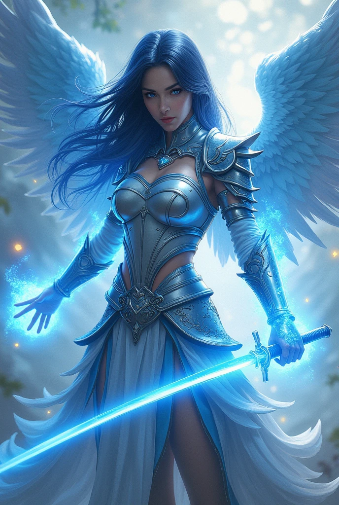 (young woman )( with eyes as blue as the sea) (blue-black hair) ( that from his hands rays of power come out)  (She has silver warrior armor ) ( and a blue katana) (with shining wings) ( and a blue aura)
