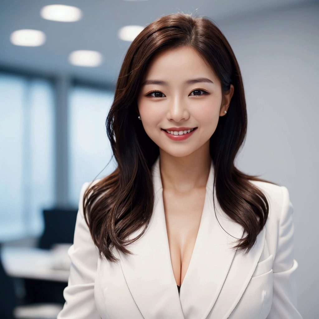 Make a professional profile picture of a woman smiling and looking at the camera, head and shoulders only, wearing a suit, bokeh background of an office